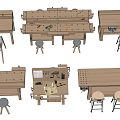 Wooden Table and Chair Sets with Various Workbench Designs Stools and Tools 3d model