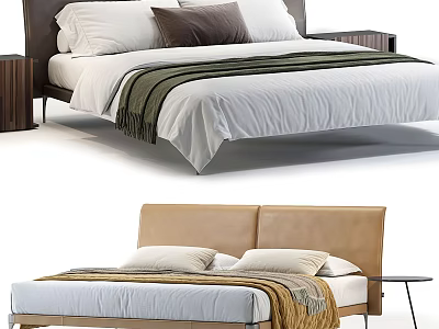 Double Bed With Dark And Beige Headboards White Sheets Pillows Blankets And Nightstand 3d model