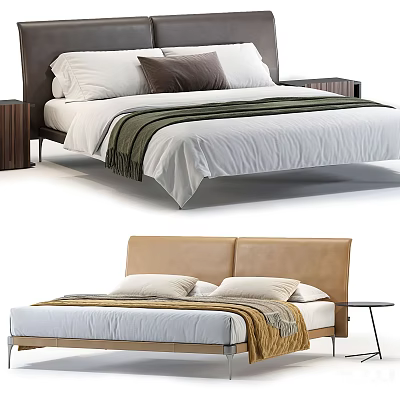 Double Bed With Dark And Beige Headboards White Sheets Pillows Blankets And Nightstand 3d model