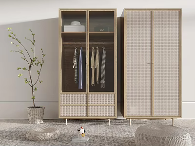 Modern Wooden Wardrobe Interior Design With Glass Doors Woven Panels And Hanging Clothes 3d model