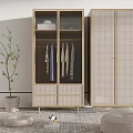Modern Wooden Wardrobe Interior Design With Glass Doors Woven Panels And Hanging Clothes
