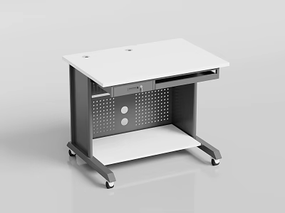 Modern Office Desk with White Top Gray Frame Drawer Open Shelf and Wheels 3d model