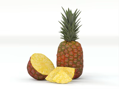 Fresh Whole Pineapple With Sliced Yellow Flesh And Green Leaves 3d model