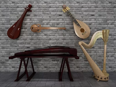 Various Traditional Musical Instruments Including Lute Guitar Harp And Guzheng On Brick Wall 3d model