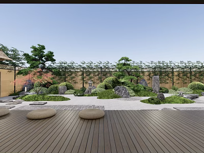 Traditional Japanese Karesansui Garden Design With Rock Formations Moss And Wooden Deck 3d model