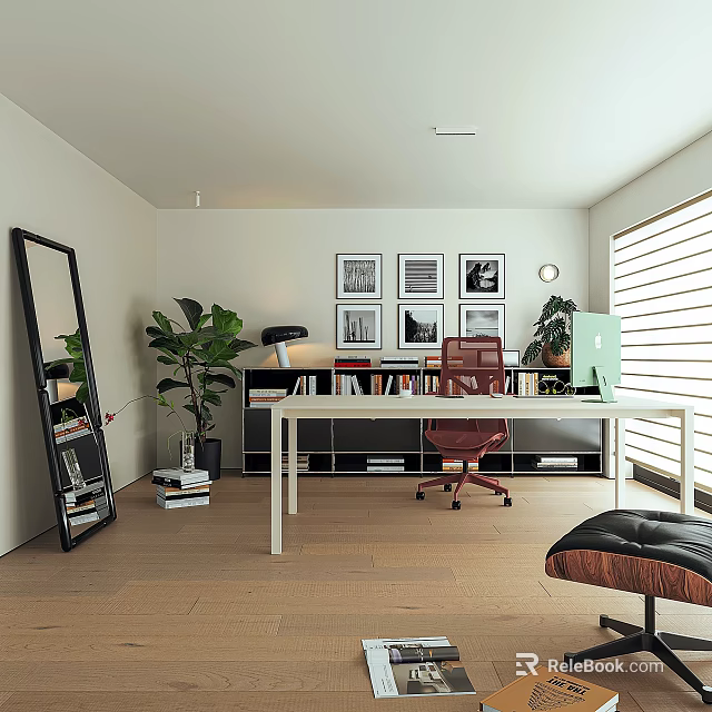 Modern Home Office Interior Design With White Desk Red Chair Potted Plant And Framed 3d model 