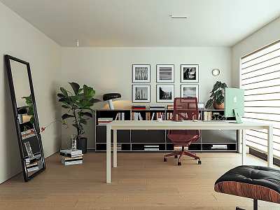 Modern Home Office Interior Design With White Desk Red Chair Potted Plant And Framed 3d model
