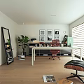 Modern Home Office Interior Design With White Desk Red Chair Potted Plant And Framed
