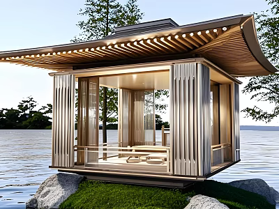 Ancient Wooden Pavilion With Traditional Roof In Waterfront Setting Surrounded By Trees And Rocks 3d model