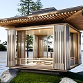 Ancient Wooden Pavilion With Traditional Roof In Waterfront Setting Surrounded By Trees And Rocks