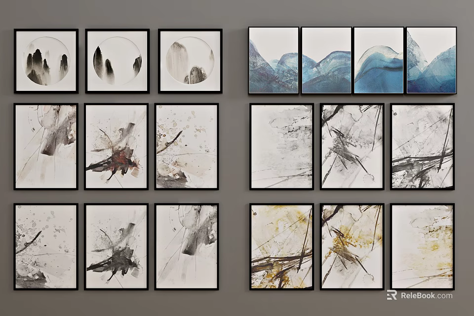 Abstract Decorative Paintings Arranged In Grid Layout With Black Frames And Brushstrokes 3d model