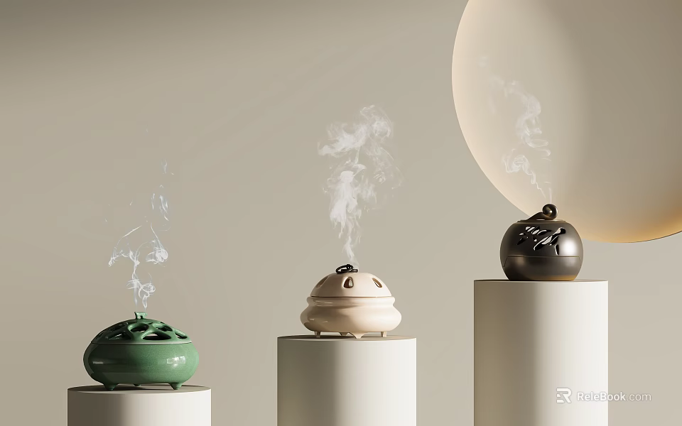 Colorful Ceramic Vessels with Smoke Rising on White Pedestals and Light Background Circular Accent 3d model 