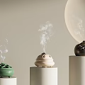 Colorful Ceramic Vessels with Smoke Rising on White Pedestals and Light Background Circular Accent