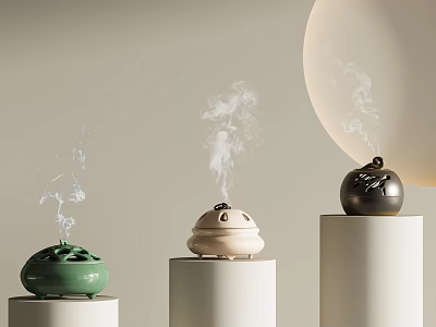 Colorful Ceramic Vessels with Smoke Rising on White Pedestals and Light Background Circular Accent 3d model