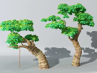 Lush Green Arbor Trees With Curved Trunks And Dense Foliage 3d model