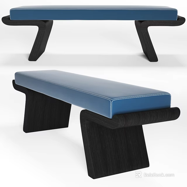 Contemporary Modern Sofa Bench With Blue Stitched Padded Seat And Black Wooden Frame 3d model 
