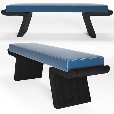 Contemporary Modern Sofa Bench With Blue Stitched Padded Seat And Black Wooden Frame 3d model