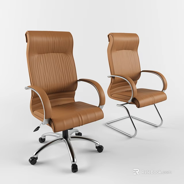 Brown Leather Office Chairs With Swivel Base Fixed Frame Modern Design And Ergonomic Backrest 3d model