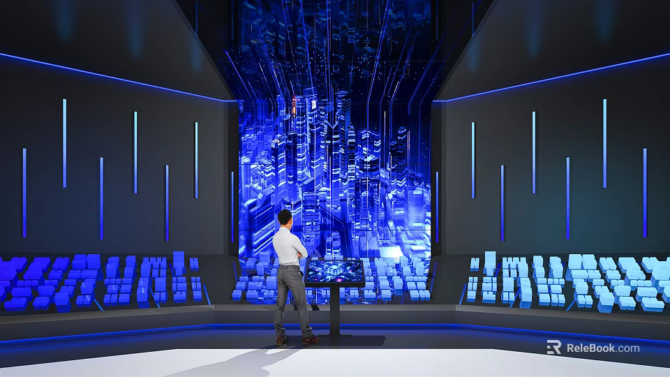 Person Standing Before Large Blue Tech Screen With Digital Cityscape And Control Panel 3d model