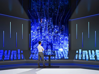 Person Standing Before Large Blue Tech Screen With Digital Cityscape And Control Panel 3d model