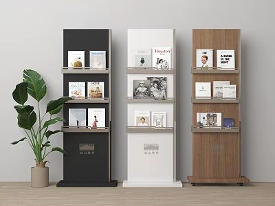 Black White and Wooden Storage Shelves Displaying Magazines with Green Plant 3d model