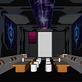 Modern KTV Lounge Interior With Purple Blue Neon Lights And Comfortable Sofas Coffee Tables