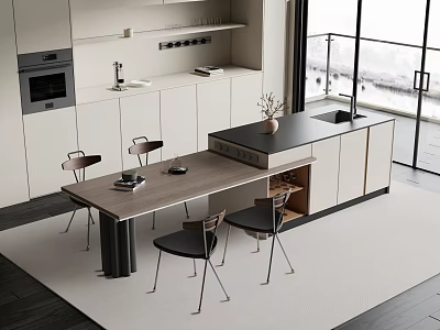 Modern Open Kitchen Bar Counter With Wooden Top Chairs And Cabinets 3d model