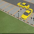 Yellow Cars Parked in Outdoor Parking Lot with People Walking Nearby and Marked Lines