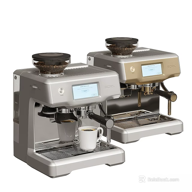 Modern Stainless Steel Coffee Makers With Digital Display Gold Accent And Coffee Cup 3d model 