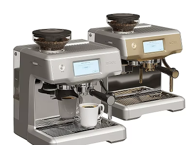 Modern Stainless Steel Coffee Makers With Digital Display Gold Accent And Coffee Cup 3d model