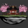 Traditional Japanese Building With Pink Cherry Blossom Trees Green Grass Stone Path and Red Lanterns