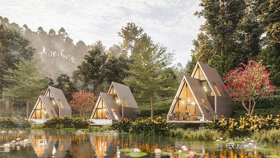 Triangular Roof Detached Villa by Lakeside with Natural Surroundings and Water Reflections 3d model 