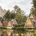 Triangular Roof Detached Villa by Lakeside with Natural Surroundings and Water Reflections