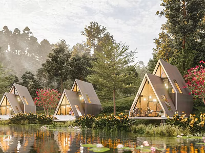 Triangular Roof Detached Villa by Lakeside with Natural Surroundings and Water Reflections 3d model