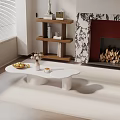 Modern Sofa Coffee Table Set with White Table Flowers Fruits Fireplace and Shelf