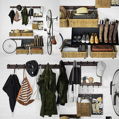 Stylish Hanging Clothes On Wall With Hat Umbrellas Baskets And Bicycle Decor 3d model