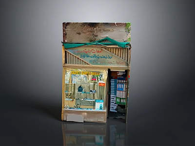 Detailed Miniature Shop Model With Green Awning Glass Window Display And Shelved Goods 3d model