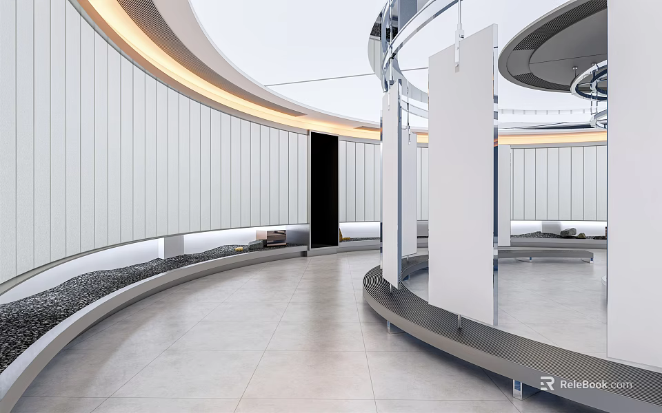 Modern Elevator Lobby With Curved Walls LED Strip Lighting And Polished Stone Floor 3d model 