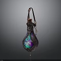Enchanted Decorative Potion Bottle With Metallic Filigree Leather Handle And Colorful Glow
