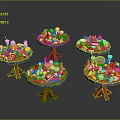 Round Dining Tables with Various Fruits Desserts Drinks and Toys on Wooden Bases