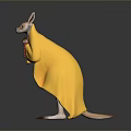Kangaroo Standing Wearing Yellow Cloak And Red Bead Necklace Against Gray Background With Floor Reflection