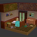 Colorful Cartoon Room Scene with Brick Wall Bed Shelf Wardrobe Desk And Scattered Toys