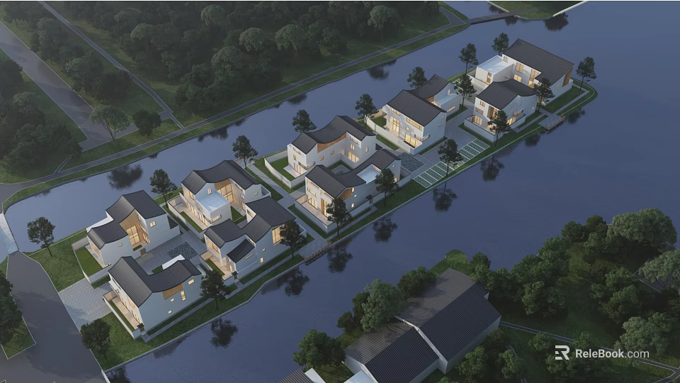 Modern Detached Villas By Waterfront Surrounded By Lush Greenery And Scenic Views 3d model 