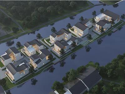 Modern Detached Villas By Waterfront Surrounded By Lush Greenery And Scenic Views 3d model