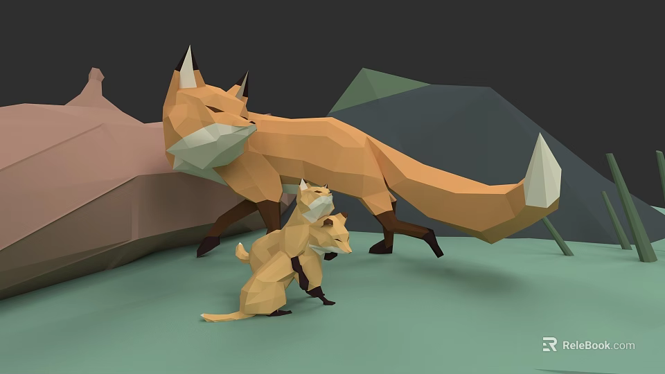 Low Poly Foxes Art Scene Featuring Adult And Baby With Geometric Background 3d model 