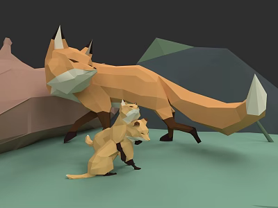Low Poly Foxes Art Scene Featuring Adult And Baby With Geometric Background 3d model