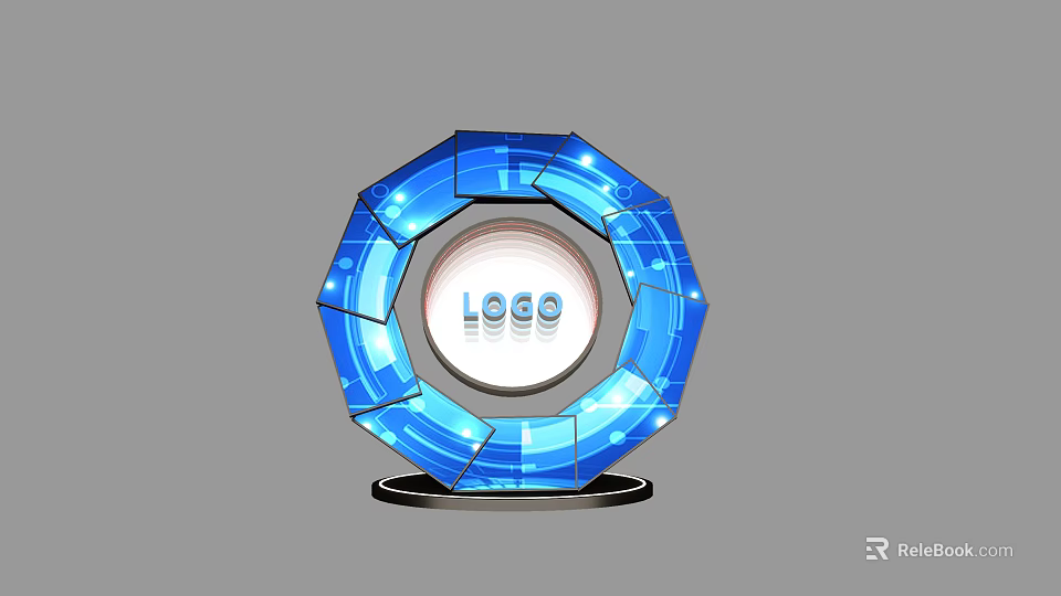 Commercial Equipment Blue Tech Inspired Octagonal Structure With Central LOGO Display And Sleek Base Stand 3d model 