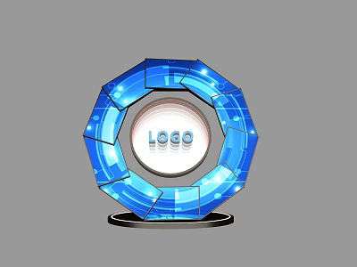 Commercial Equipment Blue Tech Inspired Octagonal Structure With Central LOGO Display And Sleek Base Stand 3d model