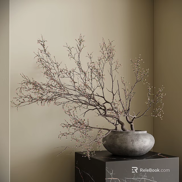 Gray Clay Vase with Extending Branches and Buds on Black Tabletop Against Beige Wall 3d model 