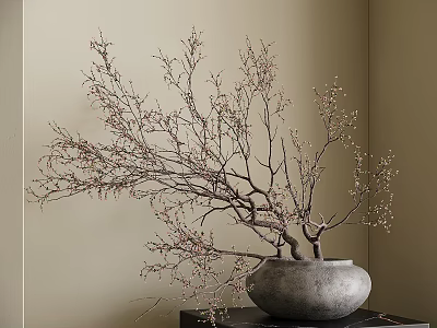 Gray Clay Vase with Extending Branches and Buds on Black Tabletop Against Beige Wall 3d model